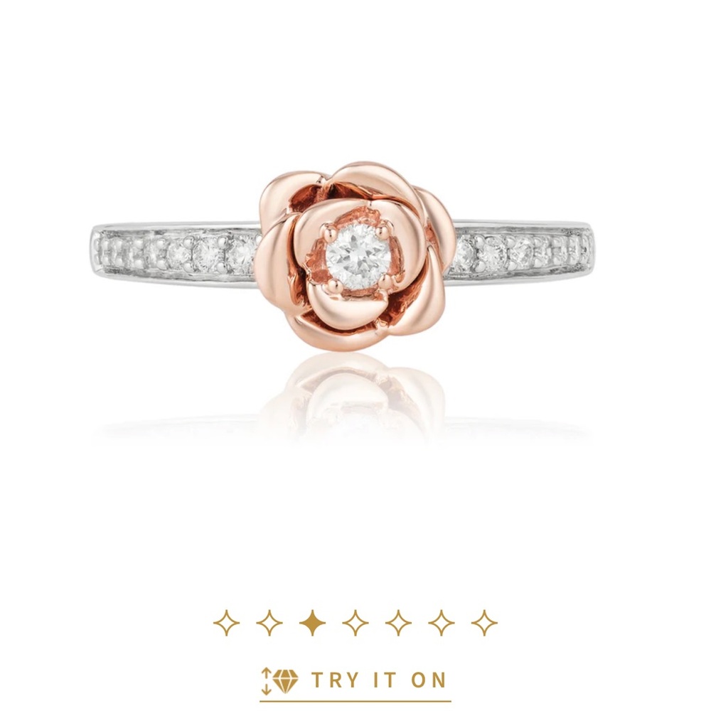 Rose Gold and Silver Disney Belle Diamond Accent Ring with matching band.